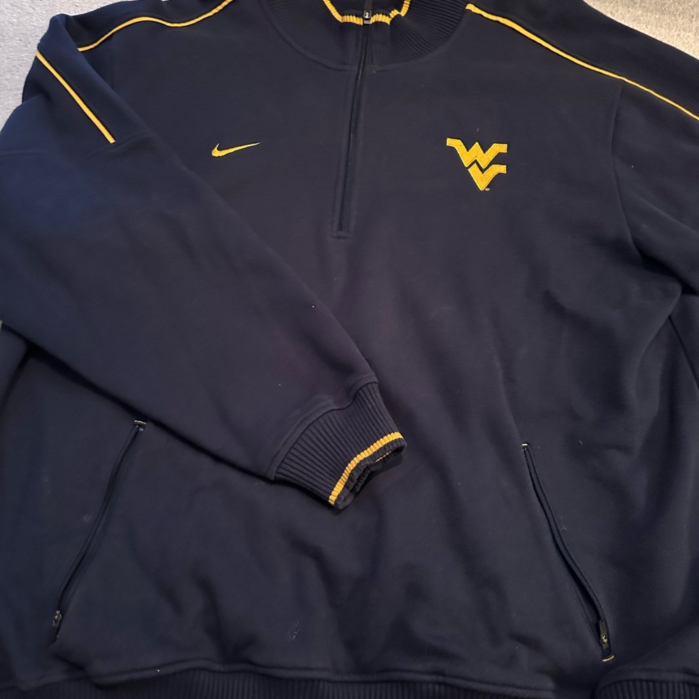 Nike Men's Dark Blue Zip-Up Sweater with Gold Details